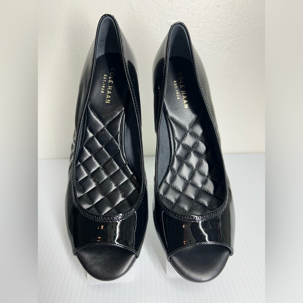 Cole Haan Womens Peep Toe Mid Wedge Slip On Pumps Black Patent Leather Size 6.5B